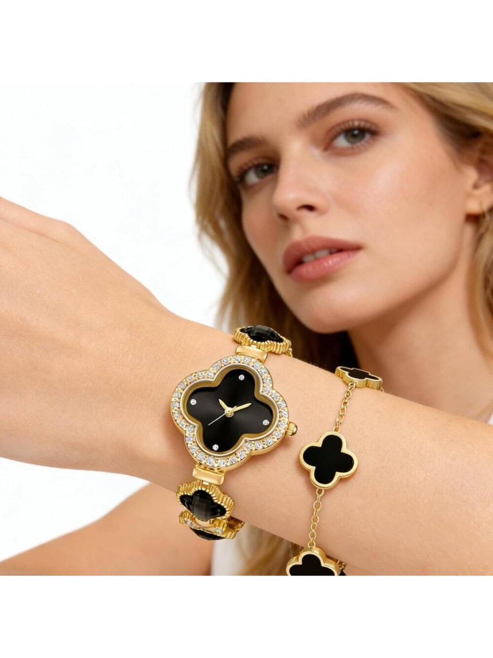 Women's Black Gold Lucky Clover Flower Design Four Leaf Bracelet Set Wrist Watch - Picture 4 of 7